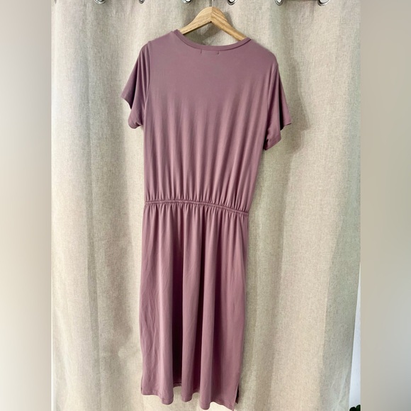 Womens Plain Solid Short Sleeve Casual Pockets Midi Dress with Belt Purple - Picture 8 of 9
